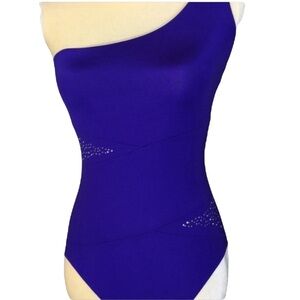 ABS Allen Schwartz Royal Purple One Shoulder One Piece Swimsuit Sz 6 New w/ Tag